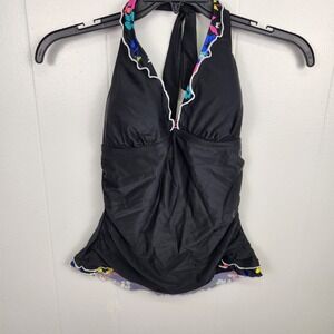 Island Escape Swimdress Black Floral‎ Halter One Piece Size 10 Ruffle Hem NWT